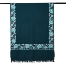 Load image into Gallery viewer, Floral Embroidered Wool and Rayon Shawl in Teal Hues - Teal Glory | NOVICA