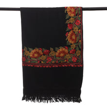 Load image into Gallery viewer, Rayon-Embroidered Woven Wool Shawl in Black and Warm Hues - Bewitching Glory | NOVICA