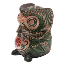 Load image into Gallery viewer, Batik Floral Owlet-Shaped Green Pule Wood Figurine - Midnight Owlet | NOVICA