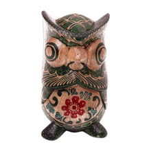 Load image into Gallery viewer, Batik Floral Owlet-Shaped Green Pule Wood Figurine - Midnight Owlet | NOVICA