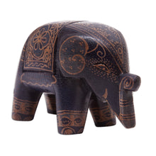 Load image into Gallery viewer, Batik Floral Elephant-Shaped Blue Pule Wood Figurine - Mystic Giant | NOVICA