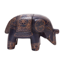 Load image into Gallery viewer, Batik Floral Elephant-Shaped Blue Pule Wood Figurine - Mystic Giant | NOVICA