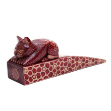 Load image into Gallery viewer, Handmade Batik Cat-Shaped Pule Wood Door Stop in Warm Hues - Feline Space | NOVICA