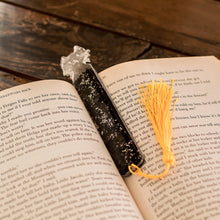 Load image into Gallery viewer, Handcrafted Cat-Themed Resin Bookmark with Yellow Tassel - Feline Legends | NOVICA