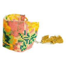 Load image into Gallery viewer, Adjustable Orange and Green Glass Beaded Wristband Bracelet - Tropical Winds | NOVICA