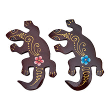 Load image into Gallery viewer, Set of 2 Hand-Painted Floral Lizard-Shaped Wood Magnets - Paradisial Lizards | NOVICA