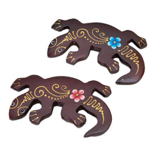 Load image into Gallery viewer, Set of 2 Hand-Painted Floral Lizard-Shaped Wood Magnets - Paradisial Lizards | NOVICA