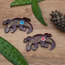 Load image into Gallery viewer, Set of 2 Hand-Painted Floral Lizard-Shaped Wood Magnets - Paradisial Lizards | NOVICA