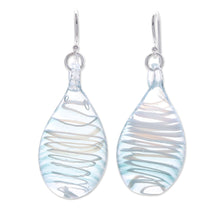 Load image into Gallery viewer, Handblown Glass Dangle Earrings with Light Blue Spirals - Sky Blue Ovate Leaf | NOVICA