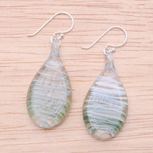 Load image into Gallery viewer, Handblown Glass Dangle Earrings with Light Blue Spirals - Sky Blue Ovate Leaf | NOVICA