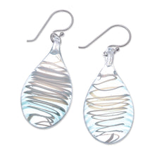 Load image into Gallery viewer, Handblown Glass Dangle Earrings with Light Blue Spirals - Sky Blue Ovate Leaf | NOVICA