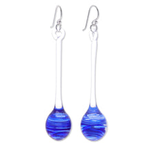 Load image into Gallery viewer, Handblown Abstract Clear and Blue Glass Dangle Earrings - Blue Pendulum | NOVICA