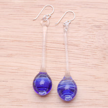 Load image into Gallery viewer, Handblown Abstract Clear and Blue Glass Dangle Earrings - Blue Pendulum | NOVICA