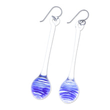 Load image into Gallery viewer, Handblown Abstract Clear and Blue Glass Dangle Earrings - Blue Pendulum | NOVICA