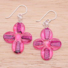 Load image into Gallery viewer, Blown Glass Floral Dangle Earrings in Pink with Silver Hooks - Vibrant Blossoms | NOVICA