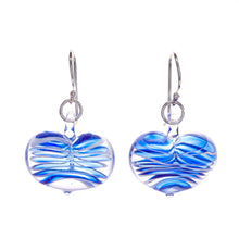 Load image into Gallery viewer, Handblown Glass Heart Dangle Earrings in Blue and White - Loving Blue | NOVICA