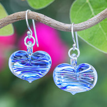 Load image into Gallery viewer, Handblown Glass Heart Dangle Earrings in Blue and White - Loving Blue | NOVICA