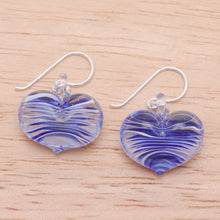 Load image into Gallery viewer, Handblown Glass Heart Dangle Earrings in Blue and White - Loving Blue | NOVICA