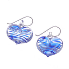 Load image into Gallery viewer, Handblown Glass Heart Dangle Earrings in Blue and White - Loving Blue | NOVICA