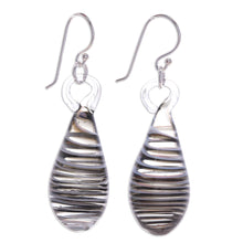 Load image into Gallery viewer, Handblown Glass Dangle Earrings with Black & White Spirals - Dew Drop in Black | NOVICA
