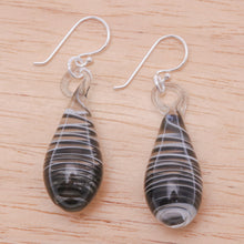 Load image into Gallery viewer, Handblown Glass Dangle Earrings with Black & White Spirals - Dew Drop in Black | NOVICA
