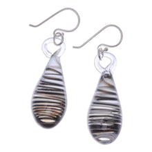 Load image into Gallery viewer, Handblown Glass Dangle Earrings with Black & White Spirals - Dew Drop in Black | NOVICA
