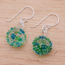 Load image into Gallery viewer, Handblown Glass Spike Ball Dangle Earrings in Green and Blue - Green & Blue Berries | NOVICA