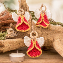 Load image into Gallery viewer, Set of 3 Handcrafted Red Cotton and Wood Angel Ornaments - Lovely Creation | NOVICA