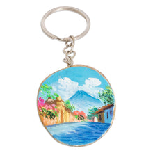 Load image into Gallery viewer, Hand-Carved Pinewood Keychain with Volcano Painting - Volcano Charm | NOVICA