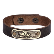 Load image into Gallery viewer, Men's Leather Bracelet with Hunting Petroglyph Brass Pendant - Wild Hunt | NOVICA