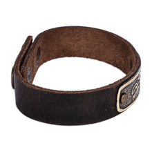 Load image into Gallery viewer, Men's Leather Bracelet with Hunting Petroglyph Brass Pendant - Wild Hunt | NOVICA