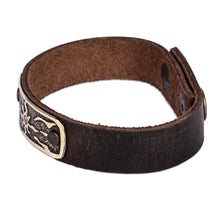 Load image into Gallery viewer, Men's Leather Bracelet with Brass Abstract Sun Pendant - Solar Brilliance | NOVICA