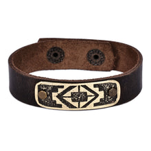 Load image into Gallery viewer, Men's Leather Brass Artsakh Carpet-Inspired Pendant Bracelet - Heritage Tapestry | NOVICA