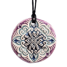 Load image into Gallery viewer, Hand-Painted Purple and Blue Floral Ceramic Pendant Necklace - Twilight Elegance | NOVICA