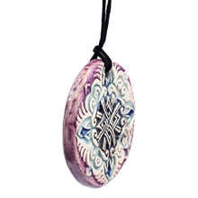 Load image into Gallery viewer, Hand-Painted Purple and Blue Floral Ceramic Pendant Necklace - Twilight Elegance | NOVICA