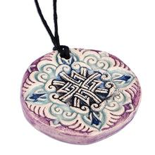 Load image into Gallery viewer, Hand-Painted Purple and Blue Floral Ceramic Pendant Necklace - Twilight Elegance | NOVICA