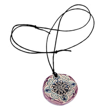 Load image into Gallery viewer, Hand-Painted Purple and Blue Floral Ceramic Pendant Necklace - Twilight Elegance | NOVICA