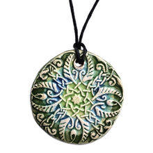 Load image into Gallery viewer, Hand-Painted Green and Blue Floral Ceramic Pendant Necklace - Twilight Harmony | NOVICA