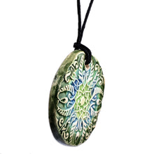Load image into Gallery viewer, Hand-Painted Green and Blue Floral Ceramic Pendant Necklace - Twilight Harmony | NOVICA