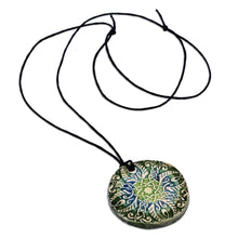 Load image into Gallery viewer, Hand-Painted Green and Blue Floral Ceramic Pendant Necklace - Twilight Harmony | NOVICA