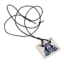 Load image into Gallery viewer, Hand-Painted Classic Leafy Tile Ceramic Pendant Necklace - Superb Blue | NOVICA