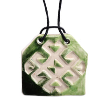 Load image into Gallery viewer, Hand-Painted Geometric Green Ceramic Pendant Necklace - Harmonious Vision | NOVICA