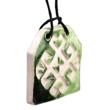 Load image into Gallery viewer, Hand-Painted Geometric Green Ceramic Pendant Necklace - Harmonious Vision | NOVICA