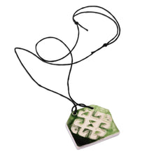 Load image into Gallery viewer, Hand-Painted Geometric Green Ceramic Pendant Necklace - Harmonious Vision | NOVICA