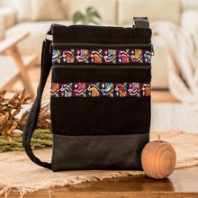 Load image into Gallery viewer, Bird-Themed Leather-Accented Cotton Sling Bag in Black - Avian Night | NOVICA
