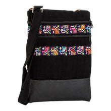 Load image into Gallery viewer, Bird-Themed Leather-Accented Cotton Sling Bag in Black - Avian Night | NOVICA