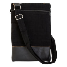 Load image into Gallery viewer, Bird-Themed Leather-Accented Cotton Sling Bag in Black - Avian Night | NOVICA