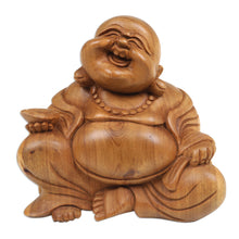 Load image into Gallery viewer, Suar Wood Sculpture of Laughing Buddha Hand-Carved in Bali - Blissful Buddha | NOVICA