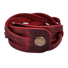 Load image into Gallery viewer, Burgundy Leather Wristband Bracelet with Braided Strands - Braided Energy | NOVICA