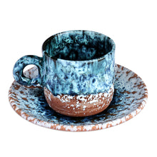 Load image into Gallery viewer, Handcrafted Blue and Brown Ceramic Cup and Saucer - Blue Coffee Breeze | NOVICA